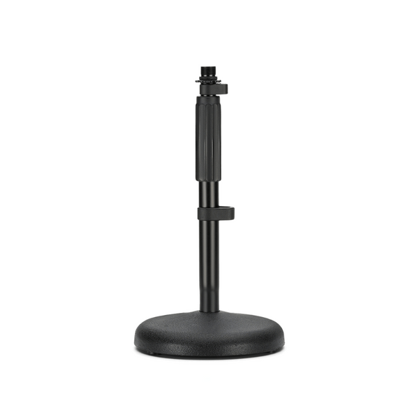 A black RODE DS1 microphone desktop stand with a weighted round base and adjustable height features.