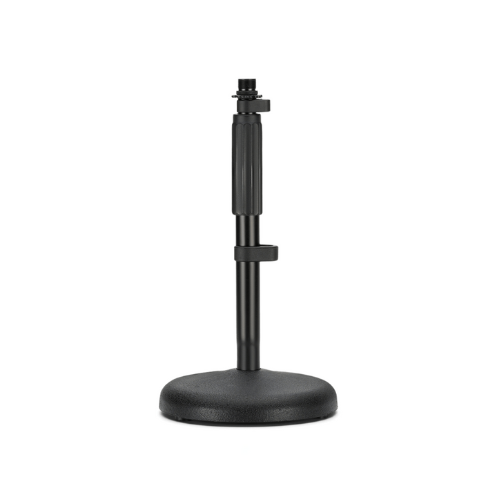 A black RODE DS1 microphone desktop stand with a weighted round base and adjustable height features.