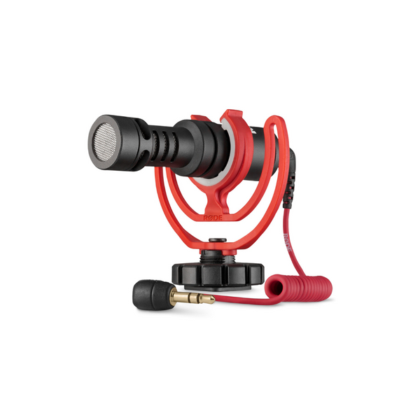 Microphone with red stand and black components on a white background