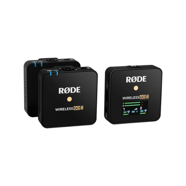 Two RODE wireless microphone GO II transmitters with LED indicators, branding, and a USB interface.