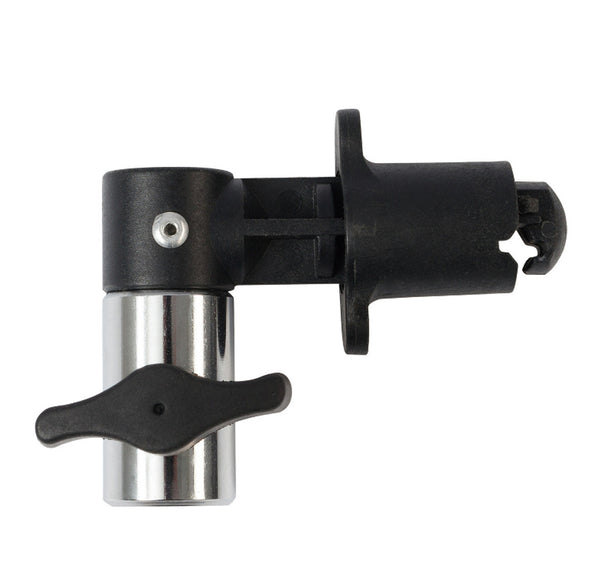 A reflector clamp with a silver-colored metal part and a black plastic mounting bracket.