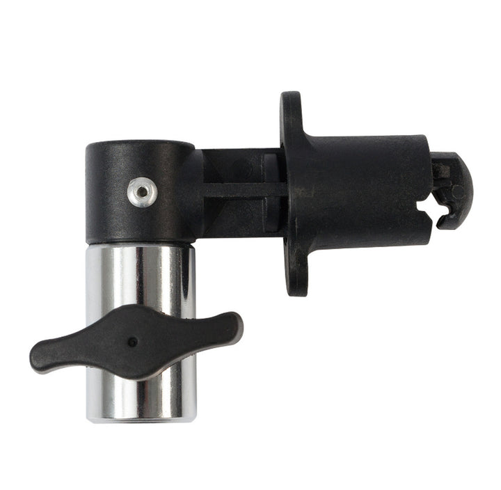 A reflector clamp with a silver-colored metal part and a black plastic mounting bracket.