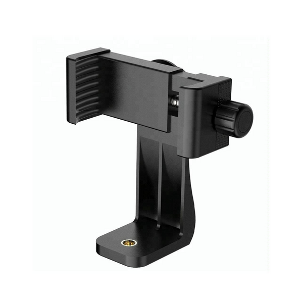 A black smartphone holder with a screw hole, designed to mount on tripods and other equipment.