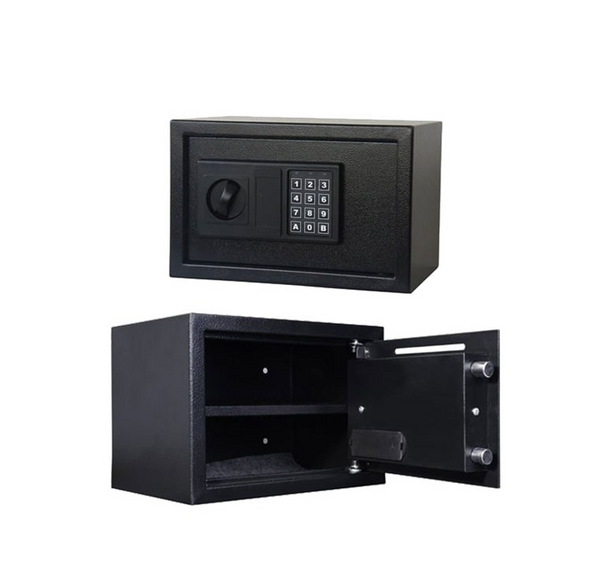 Black safe box with digital keypad on a white background