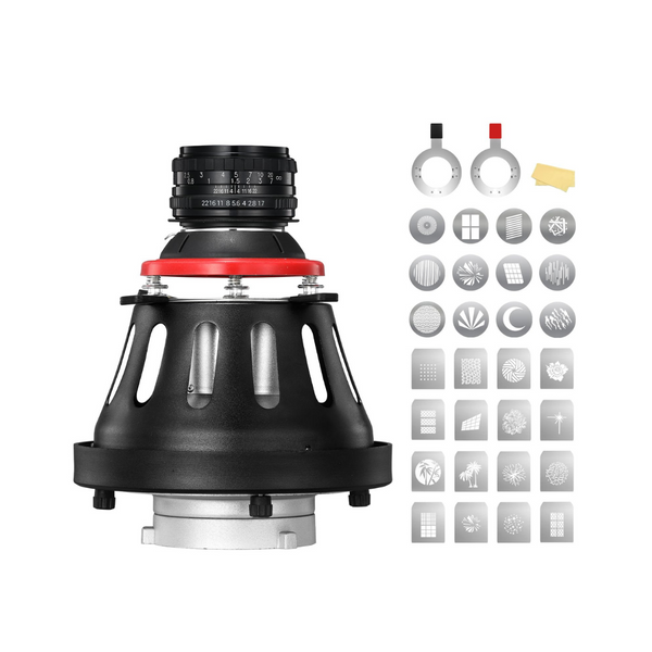 A black optical snoot bowens for photography, made of aluminium alloy, with a transparent profile and various accessories including gobos and color gel filters.