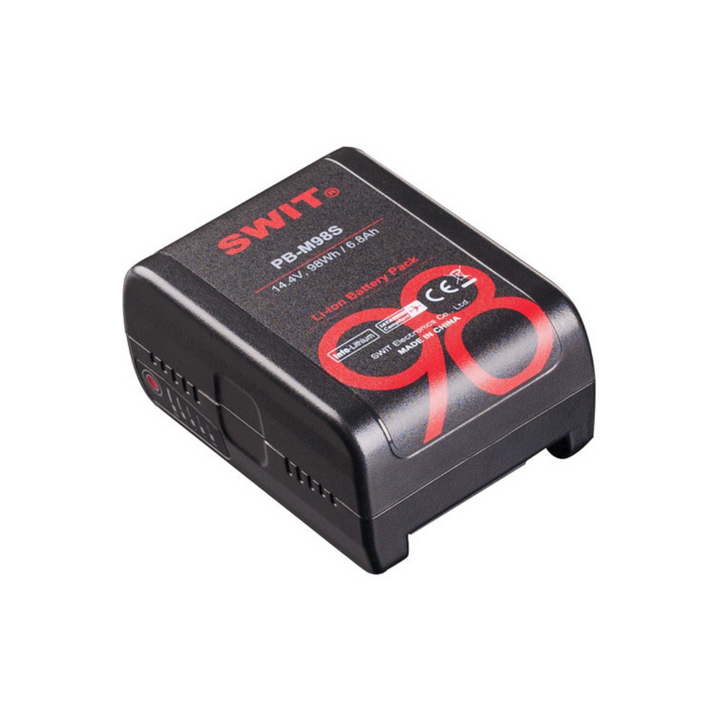 A black SWIT PB-M98S 14.4V 98Wh V-Mount battery with red and white brand and capacity indicators.
