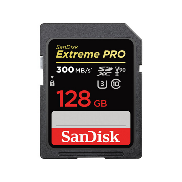 A SanDisk 128GB Extreme PRO UHS-II SDXC Memory Card with a label displaying its capacity, speed, and performance details.