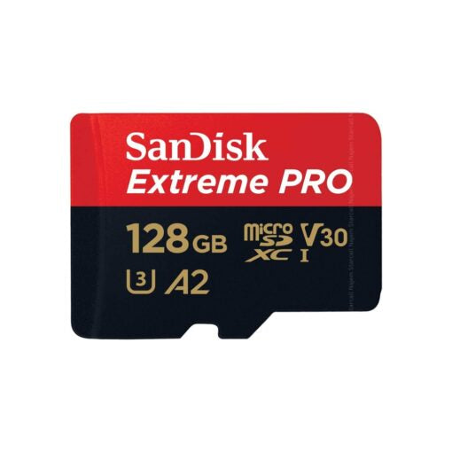 SanDisk Extreme PRO microSDXC card with 128GB capacity on a white background