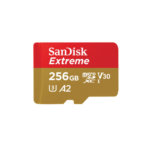 A red SanDisk 256GB Extreme microSD card with MEGA BENCHMARK V30 label, indicating its speed class and storage capacity.