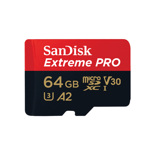 A red SanDisk 64GB Extreme Pro microSDXC card with gold and white text indicating its capacity and speed.