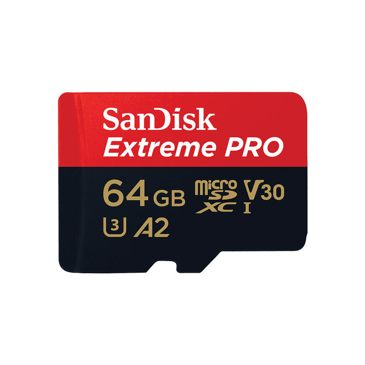 A red SanDisk 64GB Extreme Pro microSDXC card with gold and white text indicating its capacity and speed.