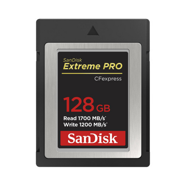 A SanDisk 128GB Extreme PRO CFexpress Card with a silver and black color scheme, displaying storage capacity and speed information.