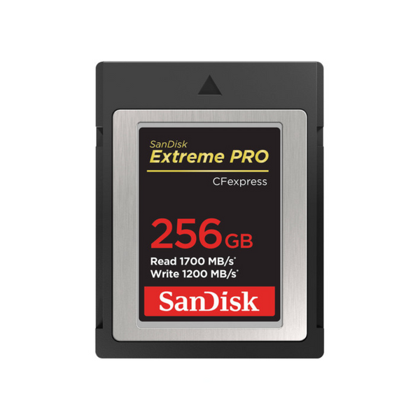 A SanDisk 256GB Extreme PRO CFExpress card with a silver and black color scheme, displaying read and write speeds on the front.