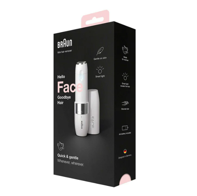 Braun facial hair removal device packaging on a white background