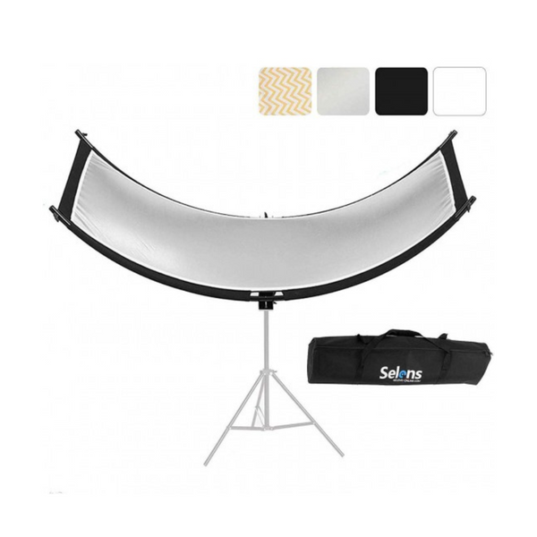 A U-shaped curved light reflector with a silver surface, accompanied by a black carrying bag, displayed on a tripod.