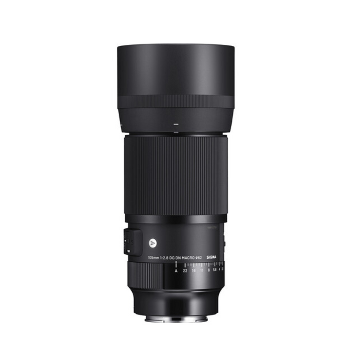 A Sigma 105mm f/2.8 DG DN Macro Art Lens designed for Sony E-mount cameras, shown in a vertical orientation with focus and zoom rings visible.
