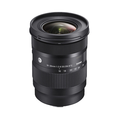A Sigma 16-28mm f/2.8 DG DN Contemporary Lens for Sony E-mount cameras, displayed against a white background.