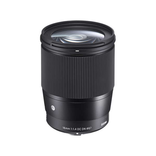 A Sigma 16mm f/1.4 DC DN Contemporary Lens for Sony E-mount cameras, showing the lens body with its black color and rounded 9-blade diaphragm.