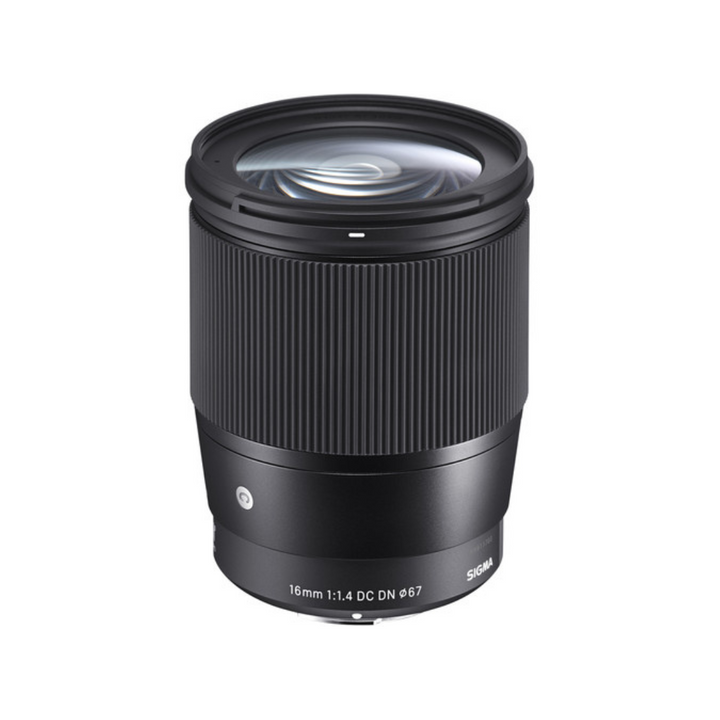A Sigma 16mm f/1.4 DC DN Contemporary Lens for Sony E-mount cameras, showing the lens body with its black color and rounded 9-blade diaphragm.