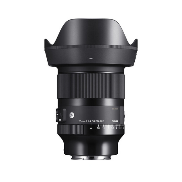 A Sigma 20mm f/1.4 DG DN Art Lens designed for Sony E-mount cameras, featuring a black cylindrical body with focus and zoom rings.