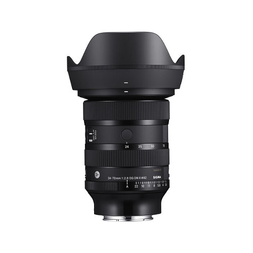 Sigma 24-70mm f/2.8 DG DN II Art Lens for Sony E mount cameras with a black exterior and lens hood attached.