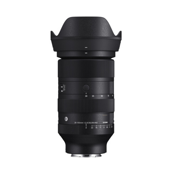A Sigma 28-105mm f/2.8 DG DN Art Lens for Sony E mount cameras, featuring a black cylindrical body with focus and zoom rings visible.