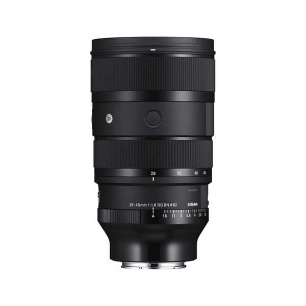 A Sigma 28-45mm f/1.8 DG DN Art Lens designed for Sony E mount cameras, in black color.