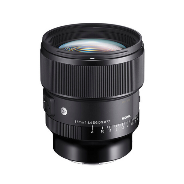 Sigma 85mm f/1.4 DG DN Art Lens for Sony E, showing the lens profile with focus and aperture rings, in black color.