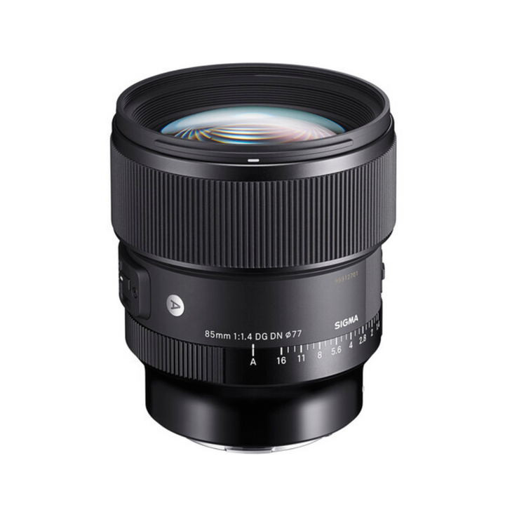 Sigma 85mm f/1.4 DG DN Art Lens for Sony E, showing the lens profile with focus and aperture rings, in black color.