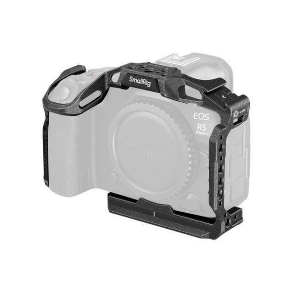 SmallRig Black Mamba Camera Cage for Canon EOS R5 Mark II with rubber padding, integrated Arca-Type base, and strap holes.