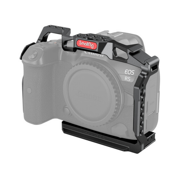 SmallRig brand camera cage designed for Canon EOS R5 and R6 cameras, shown in black color with accessory threads and control ports visible.