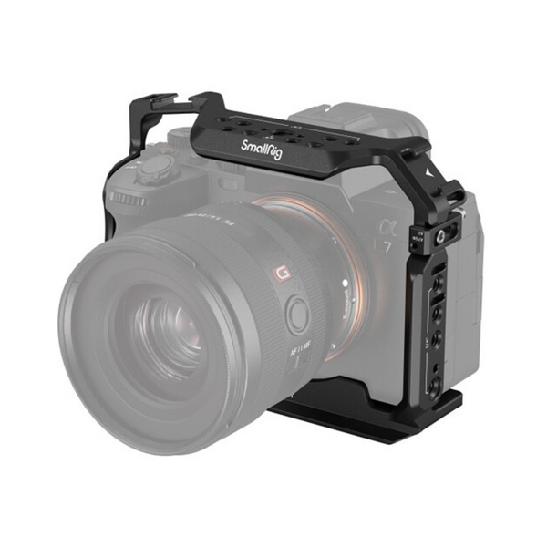 SmallRig camera cage designed for the Canon EOS R6 Mark II, featuring accessory threads, side NATO rails, and a silicone base pad.