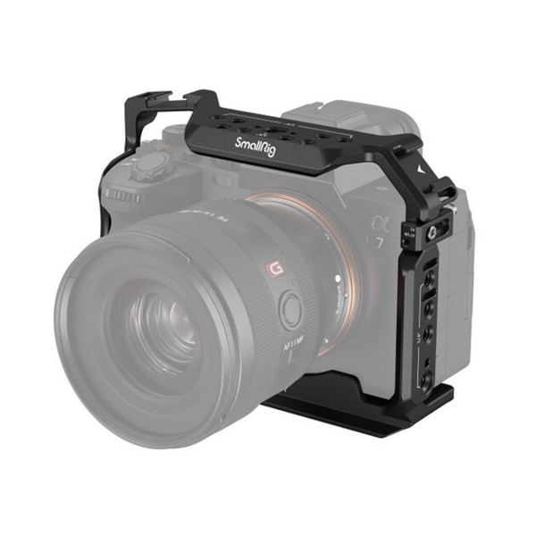 A black SmallRig full camera cage attached to a Sony A7 series camera, showcasing features such as multiple thread sizes, locking side plates, and a NATO rail Arca-Type quick release plate.