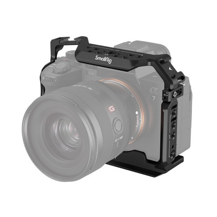 A black SmallRig full camera cage attached to a Sony A7 series camera, showcasing features such as multiple thread sizes, locking side plates, and a NATO rail Arca-Type quick release plate.