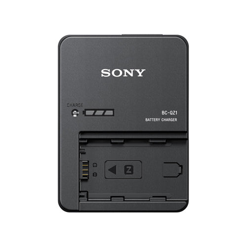 Sony BC-QZ1 slim battery charger with a detachable AC cable, predominantly black in color.