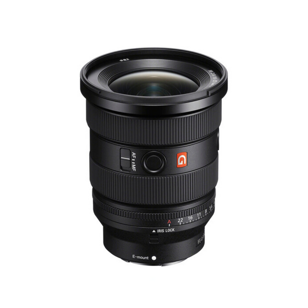 Sony FE 16-35mm f/2.8 GM II Lens with a black exterior, red detailing, and lens caps.