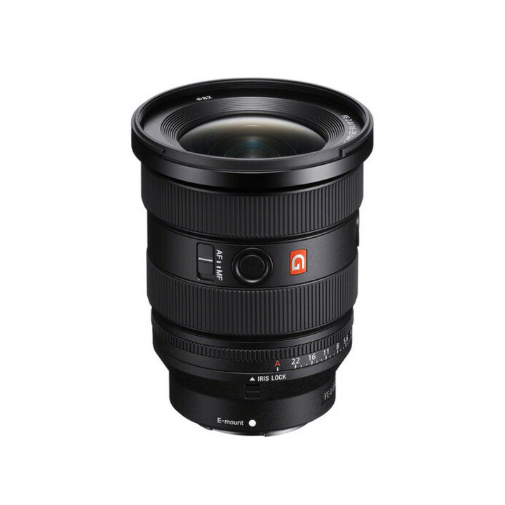 Sony FE 16-35mm f/2.8 GM II Lens with a black exterior, red detailing, and lens caps.