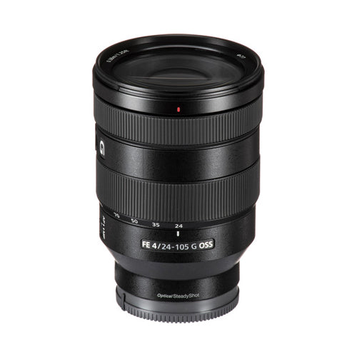 Sony FE 24-105mm f/4 G OSS E-mount camera lens with focus and zoom rings visible.