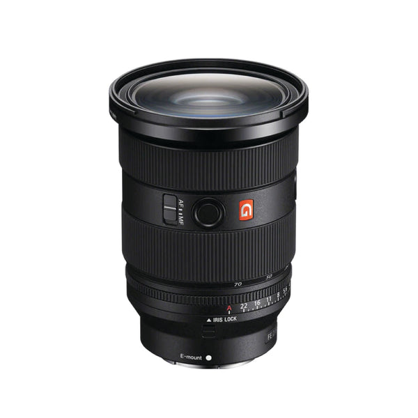 Camera lens with brand logo on a white background