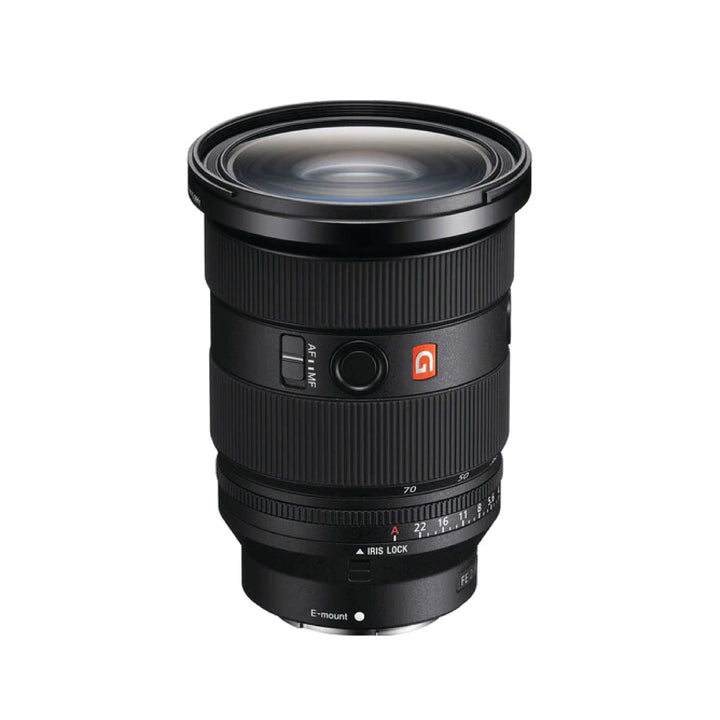 Camera lens with brand logo on a white background