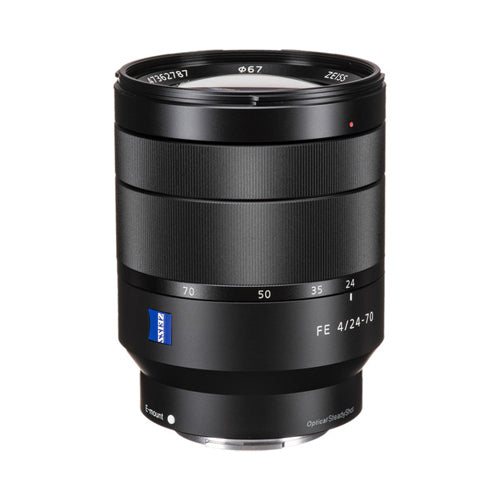 Sony Vario-Tessar T* FE 24-70mm f/4 ZA OSS E-mount camera lens in black color.