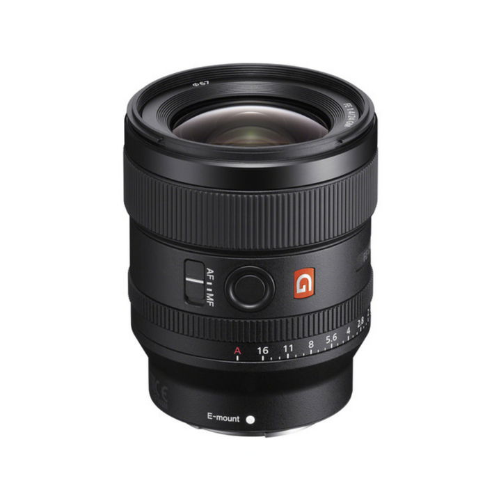 Sony FE 24mm f/1.4 GM Lens, a black E-Mount lens for full-frame cameras with visible aperture ring and focusing switches.