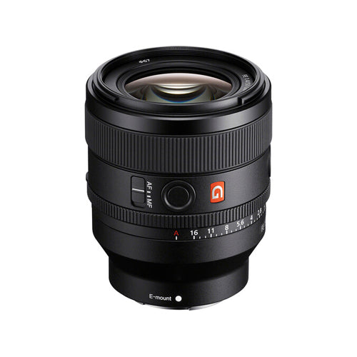 Sony FE 50mm f/1.4 GM lens with focus hold buttons, internal focus ring, and a black exterior.