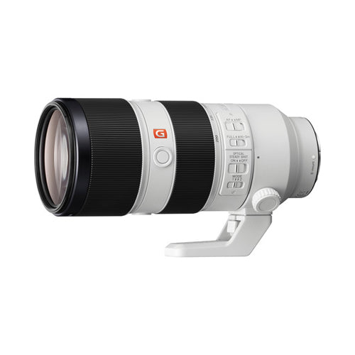 Sony FE 70-200mm f/2.8 GM OSS Lens with a black and white exterior, a rounded 11-blade diaphragm, and various control buttons and levers.