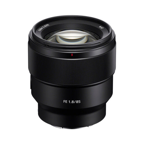 Sony FE 85mm f/1.8 E-mount lens for full-frame format cameras, black in color with a rounded 9-blade diaphragm and focus hold button.