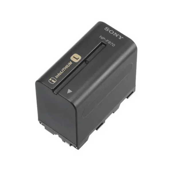 A Sony NP-F970 Info-Lithium rechargeable battery for camcorders, showing the brand name and model number.