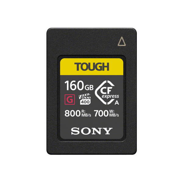 A Sony 160GB CFexpress Type A memory card with the label TOUGH visible, displaying the storage capacity, speed details, and brand logo.