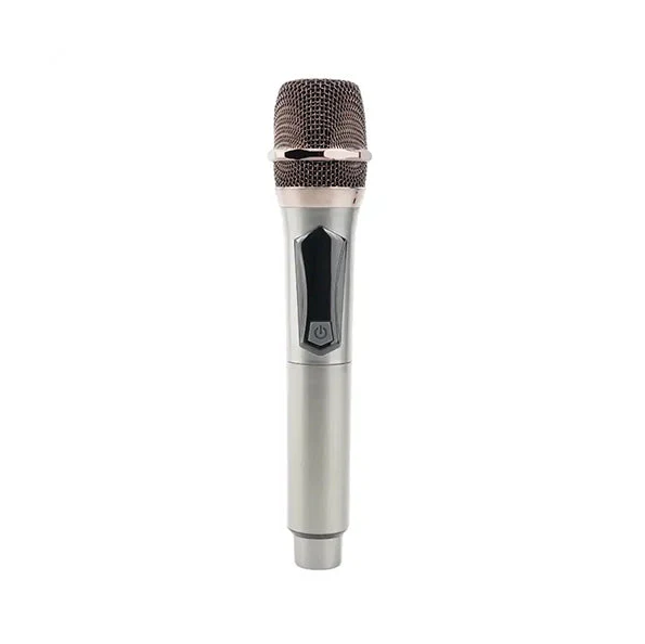 Silver microphone with a black and silver design on a white background