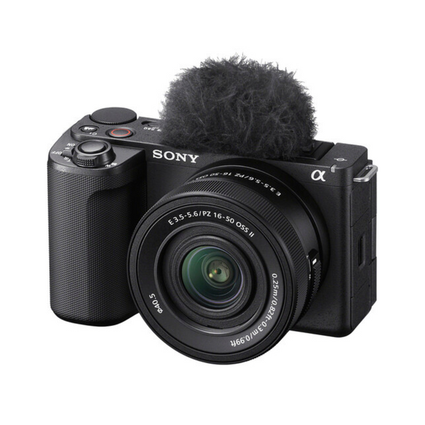 Sony ZV-E10 II Mirrorless Camera with a 16-50mm Lens attached, featuring a black body and a furry lens bag attached to the camera.