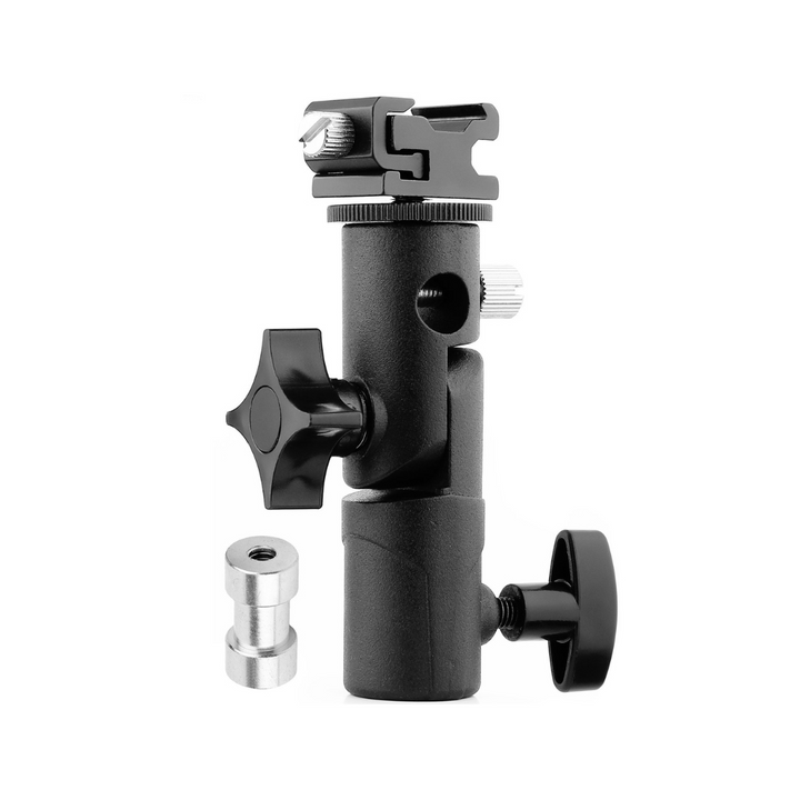 A black metal Speedlite Mount with Umbrella Reflector Holder, including a swivel light stand mount and accessories.